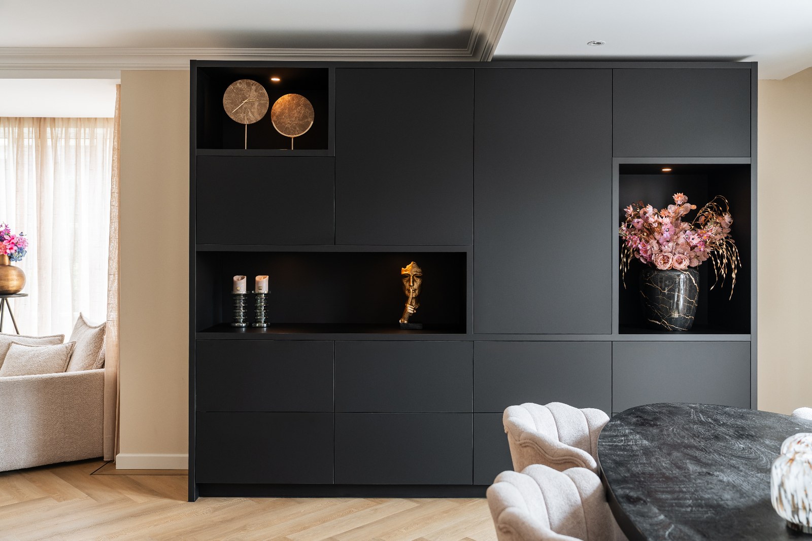 Wand kast - Mat zwart met haard & TV, beeld 1