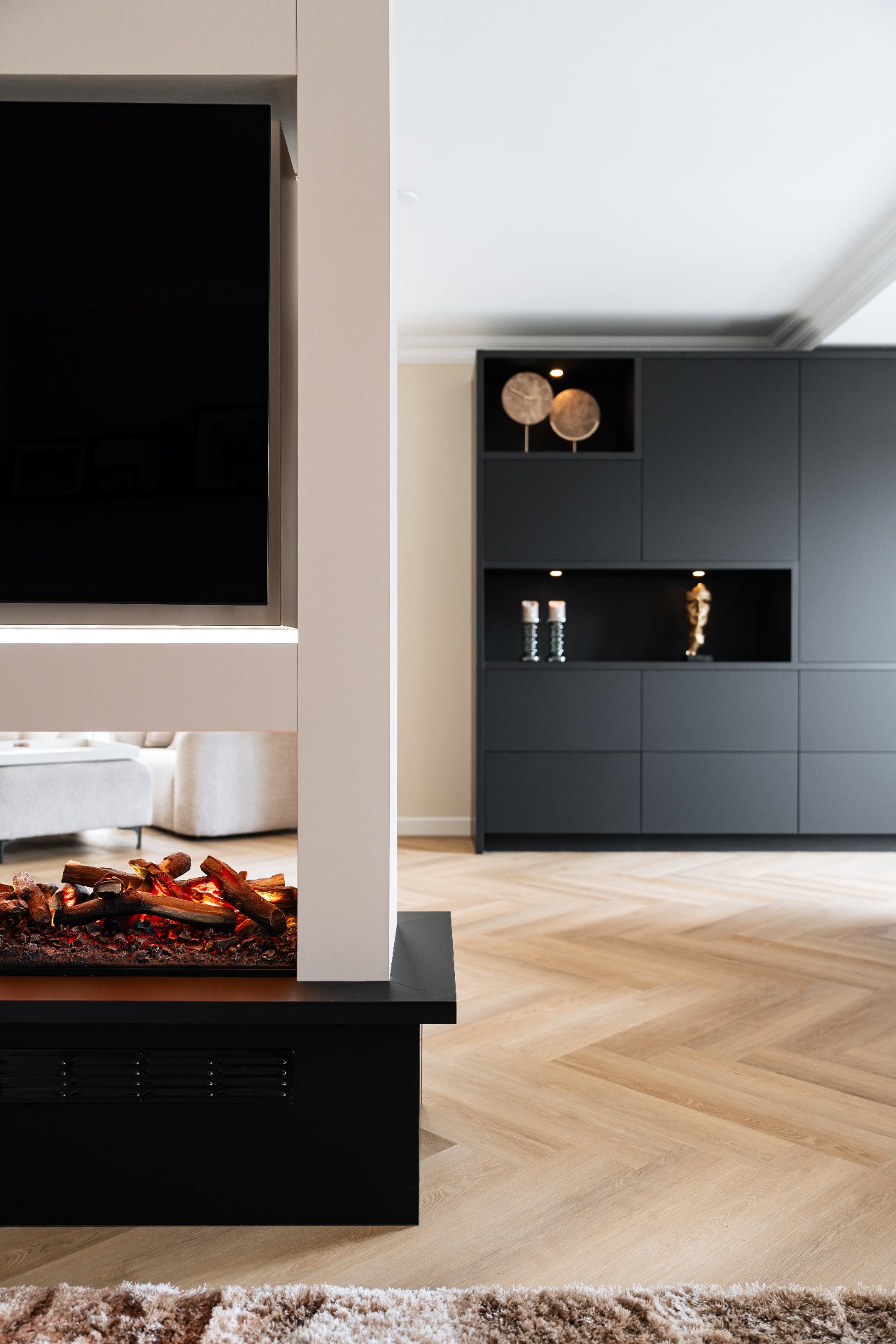 Wand kast - Mat zwart met haard & TV, beeld 4